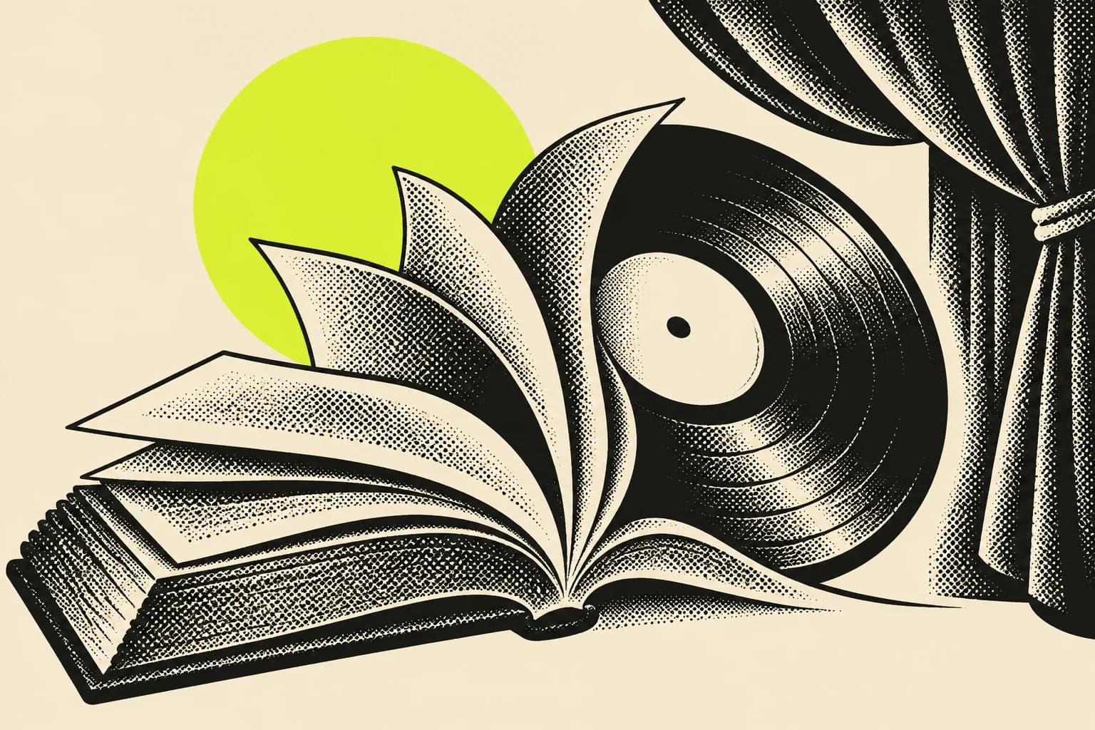 An open book unfolding into a vinyl record and theatre curtain, in conceptual black halftone and lime screenprint.