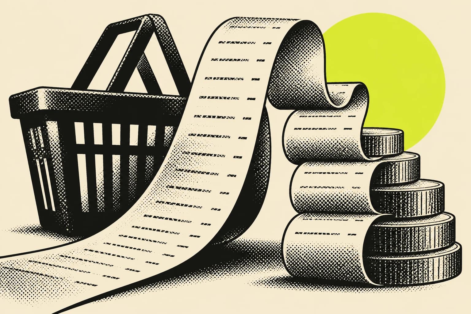 A conceptual grocery receipt, unmarked coins and market basket in black newspaper halftone with a lime accent.