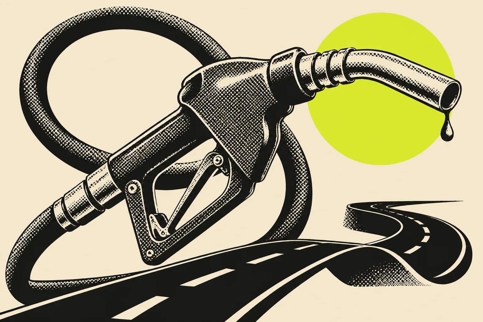 Pop-art illustration of a fuel nozzle, looping hose and road, screen-printed in black and lime on cream paper.