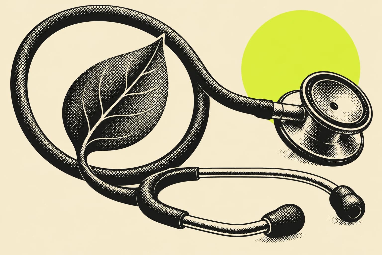 A stethoscope looping around an abstract leaf, with black halftone shading and a lime disk on warm cream paper.
