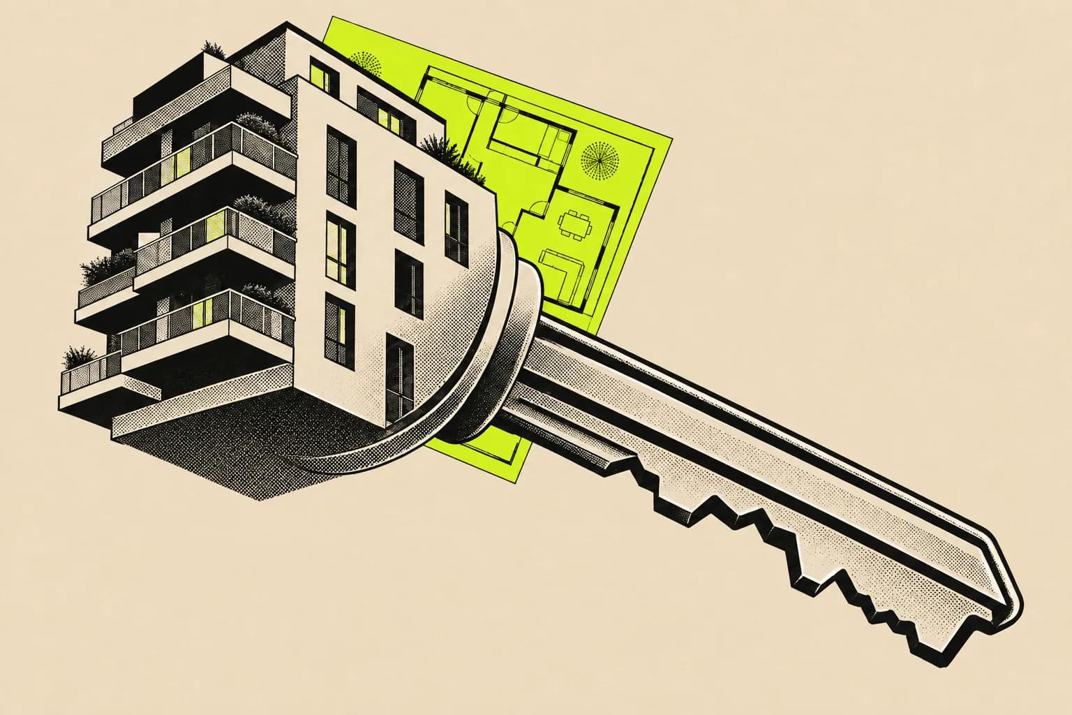 Conceptual pop-art key whose head forms an apartment building, with black halftone shading and a flat lime plan on cream.