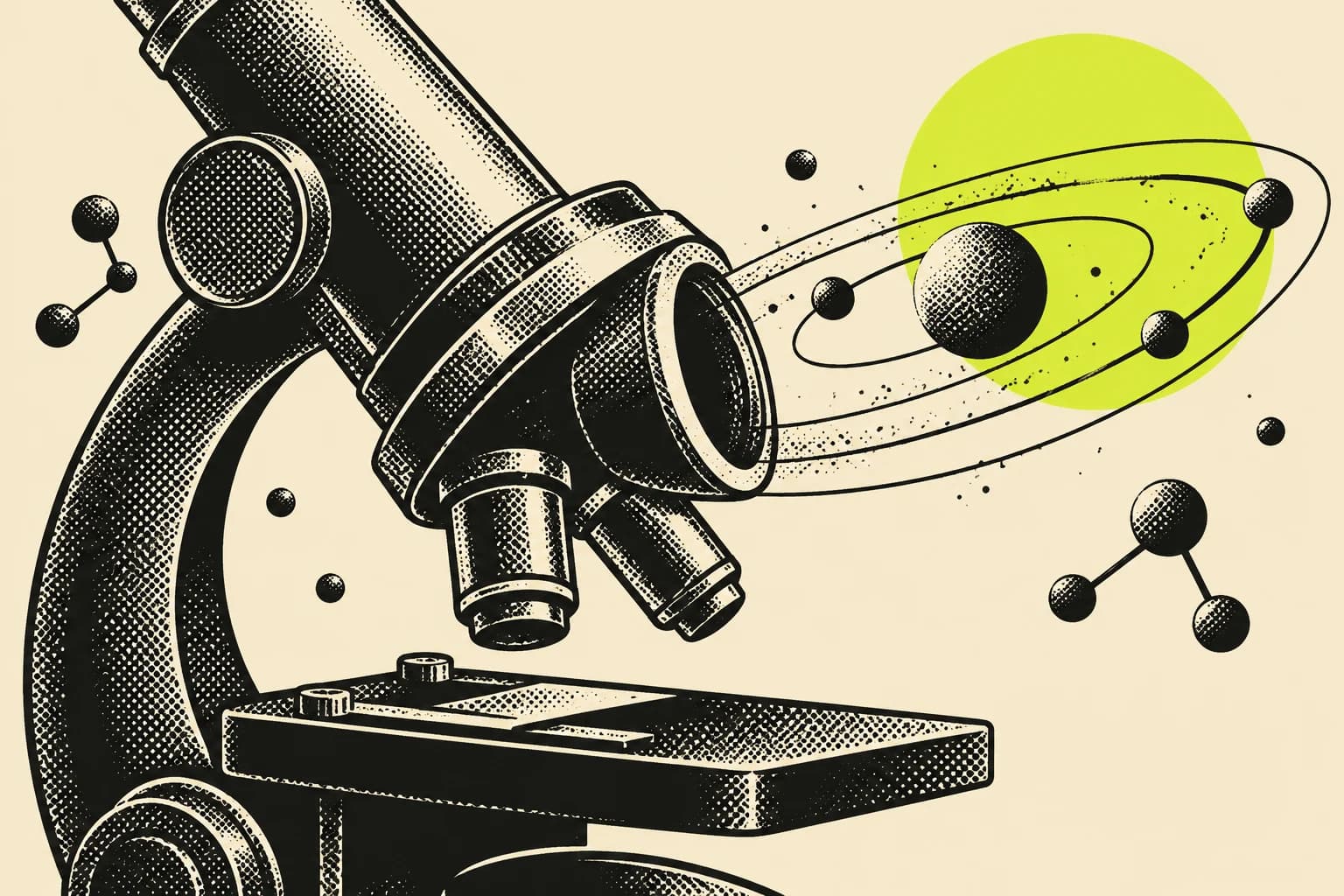 A microscope opening into a conceptual planetary orbit, with molecular dots in black halftone and lime on cream.