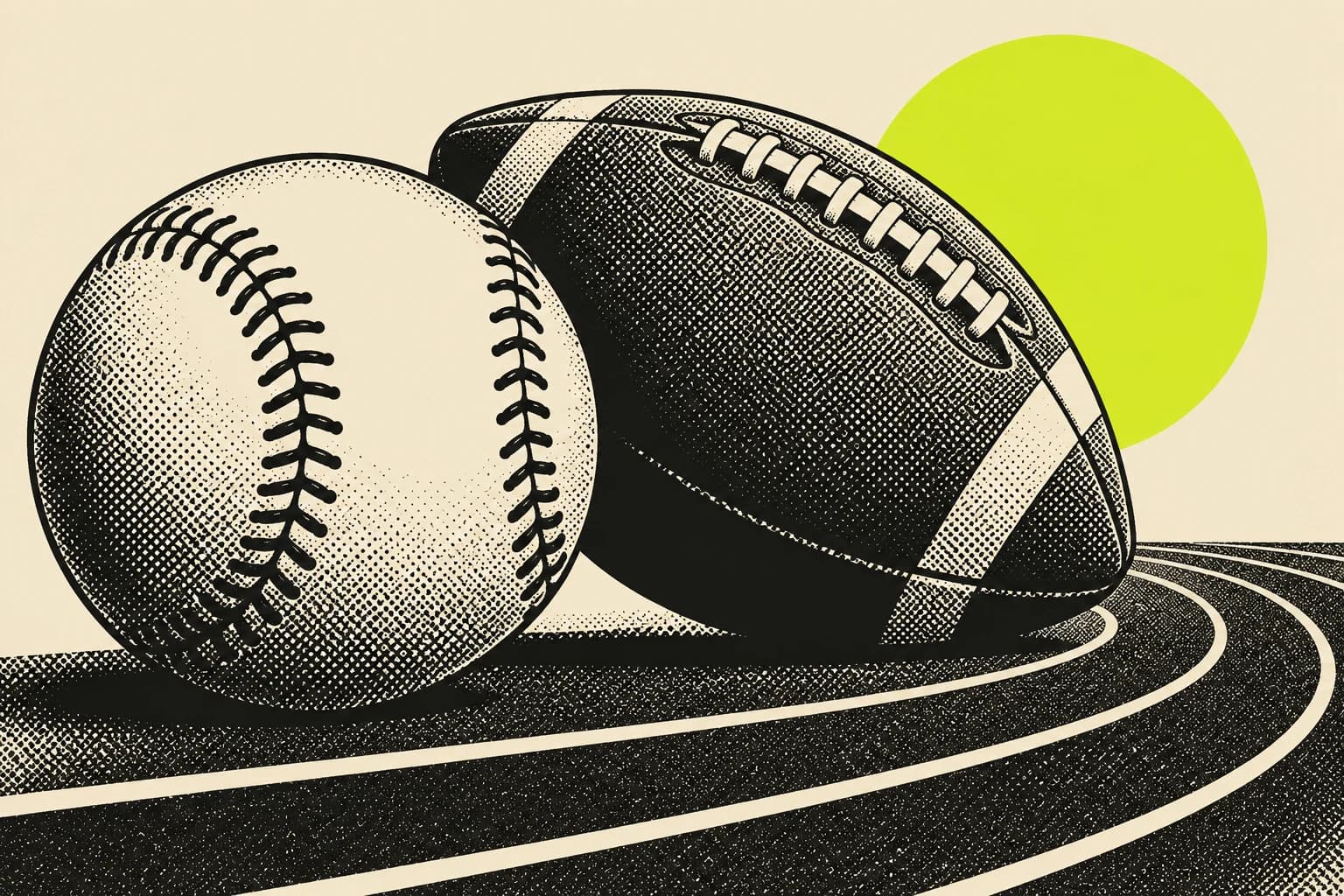 A baseball, football and running-track lines arranged as a conceptual black and lime screenprint on cream paper.