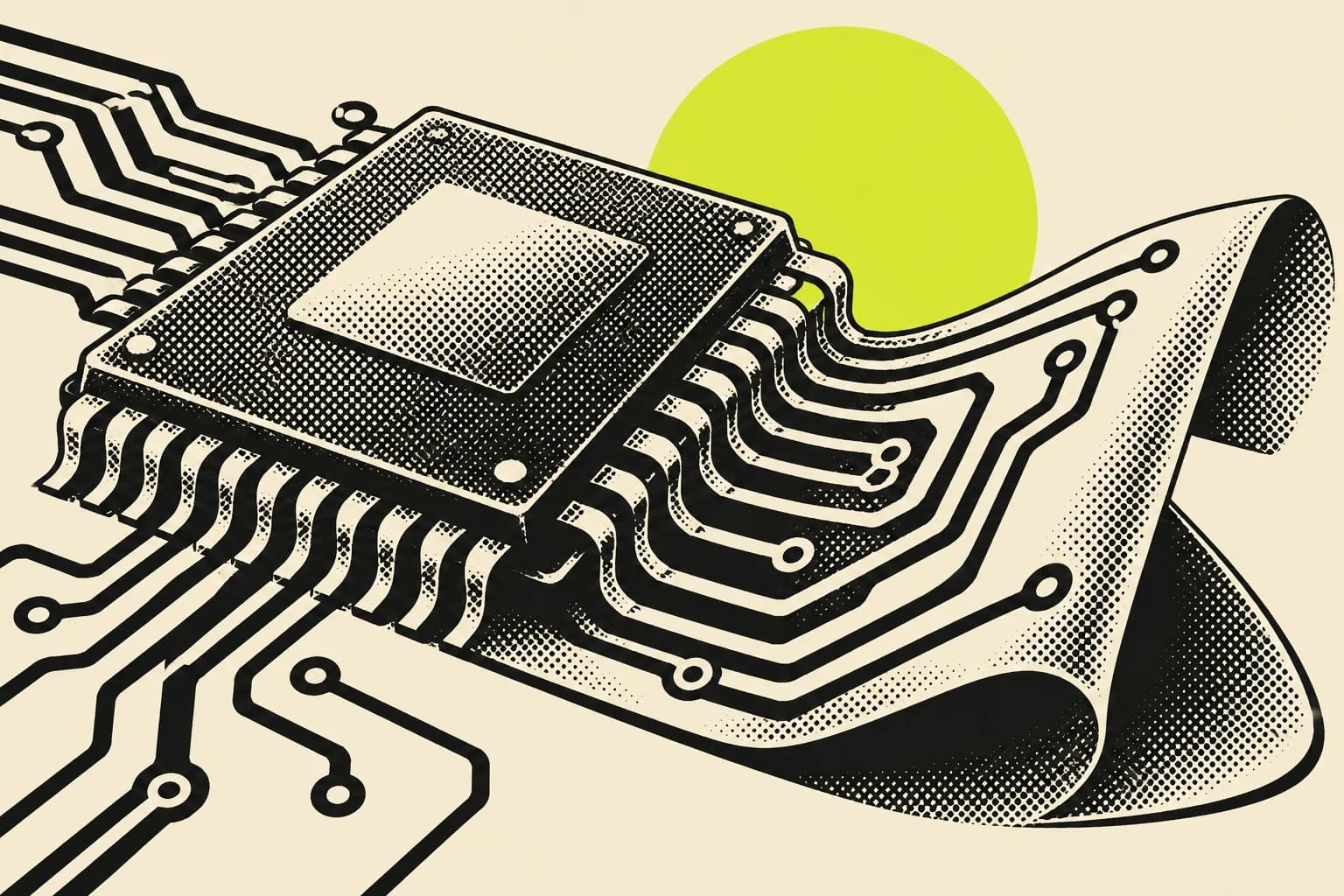 An oversized microchip with circuit traces folding like a newspaper page, screen-printed in black and lime on cream.