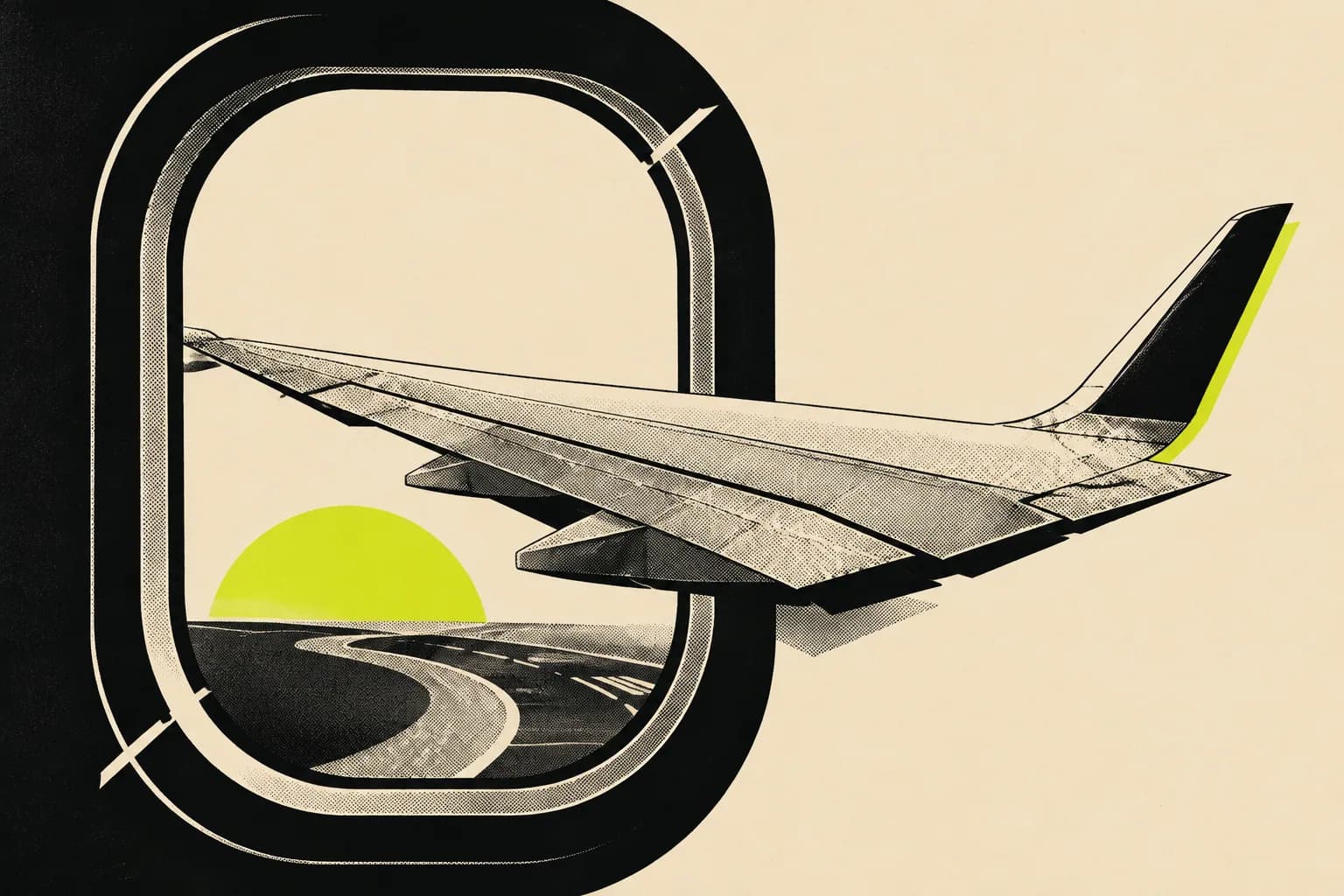 Conceptual pop-art airplane wing extending beyond a window frame, with a halftone runway and lime semicircle.