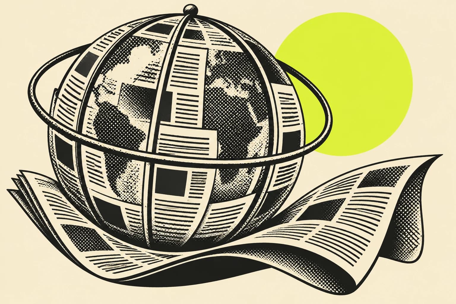 A globe formed from newspaper sheets above an open page, printed in black halftone and lime on cream paper.