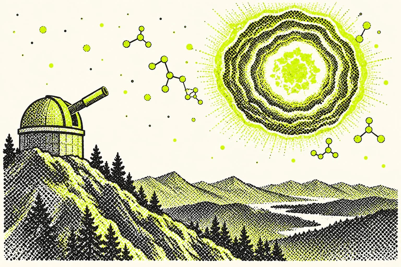 A lime observatory and concentric star above dotted mountain slopes, with molecular motifs in a clean ivory sky.