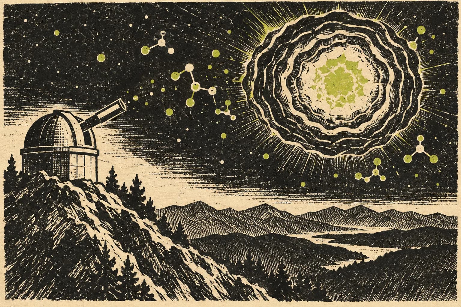 Retro engraved observatory telescope beneath a concentric star and molecular dots, printed in black and lime on cream paper.