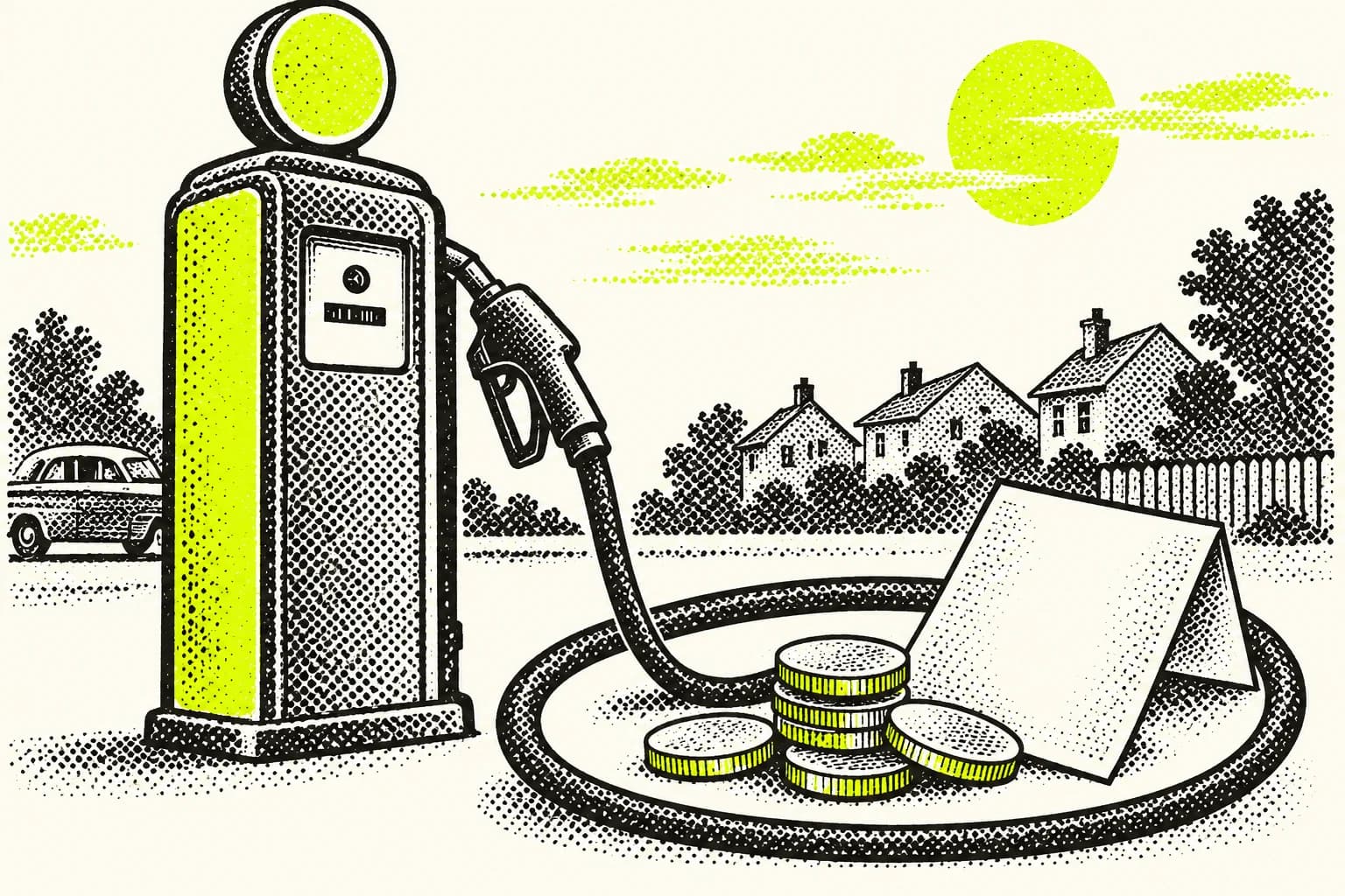 A vintage lime petrol pump, dotted neighbourhood, unmarked coins and blank receipt on a clean light ivory background.