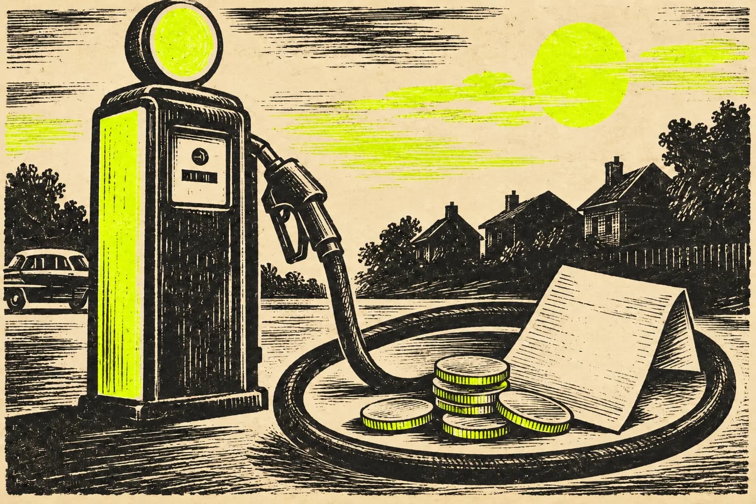 A letterpress-style vintage petrol pump, curling hose, unmarked coins and blank receipt in black ink and lime on cream paper.