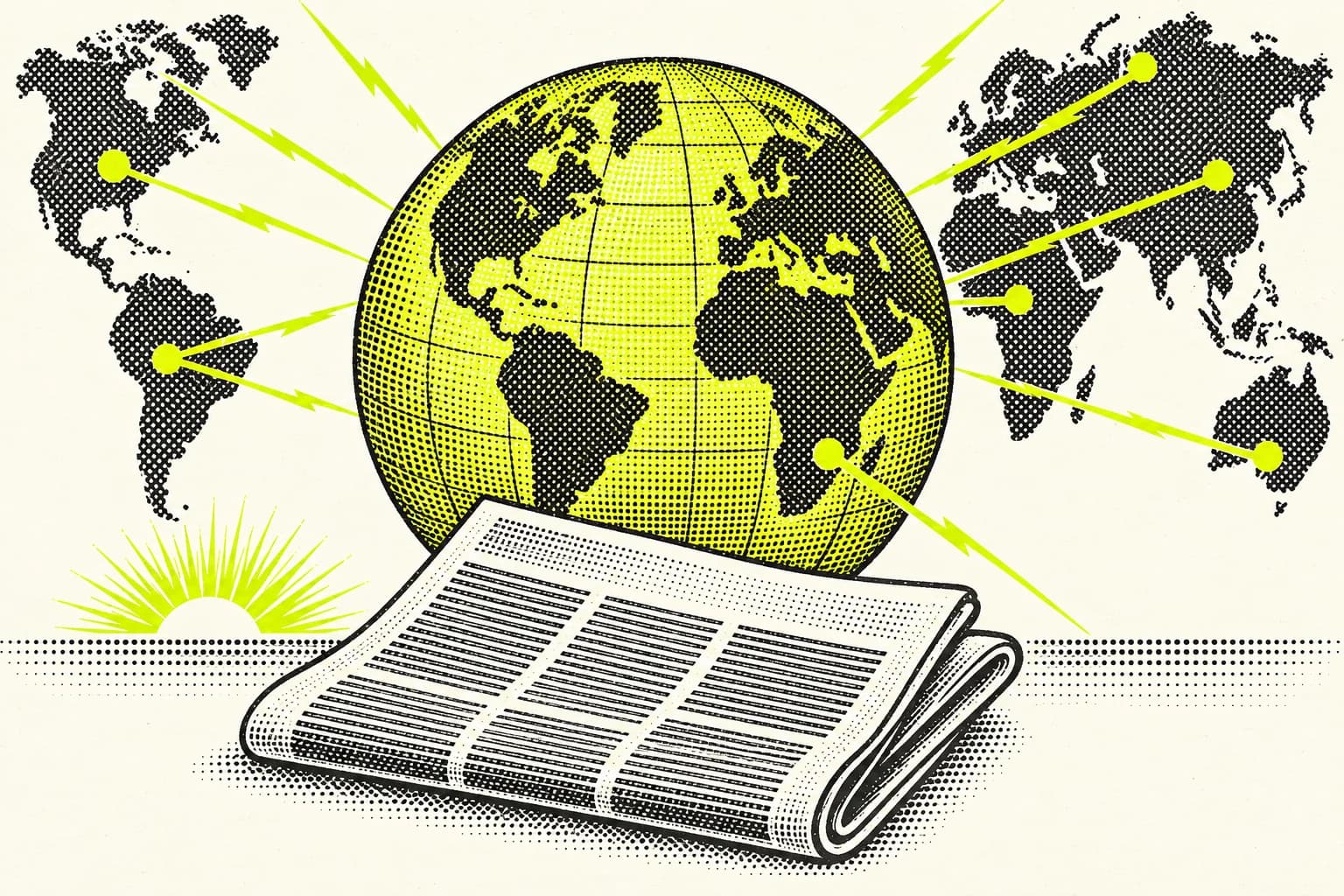 A vivid lime globe and folded newspaper with black halftone ink dots and regional map silhouettes on a clean light ivory background.