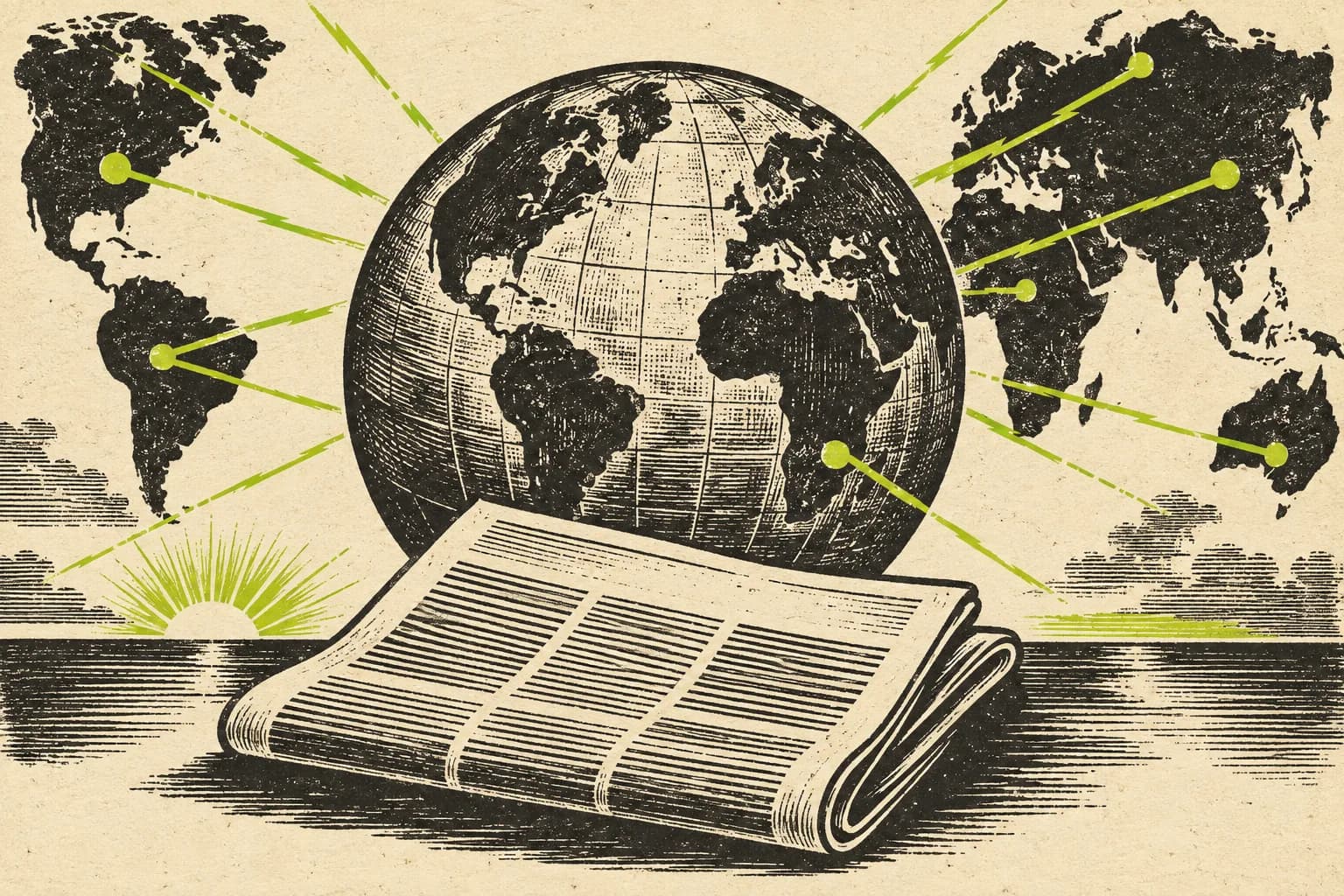 Hand-carved black ink globe over a folded newspaper, radiating engraved lines and a small lime overprint on aged cream paper.