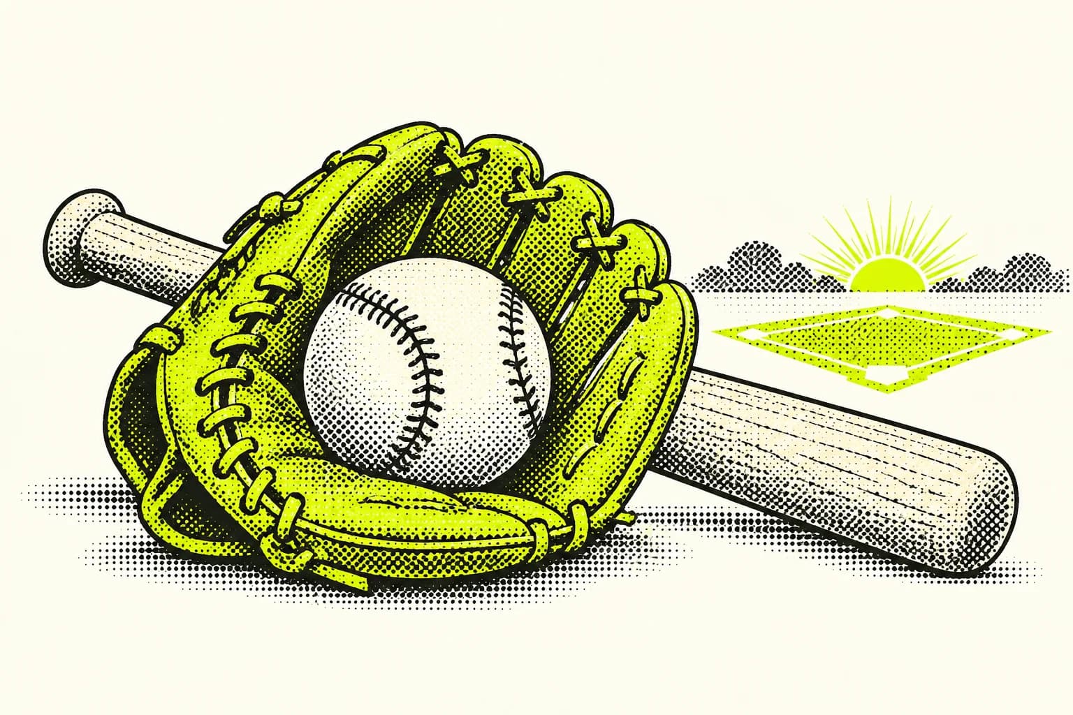 A lime baseball glove holding a stitched ivory ball, with a bat and small abstract baseball diamond shaded with round black ink dots.