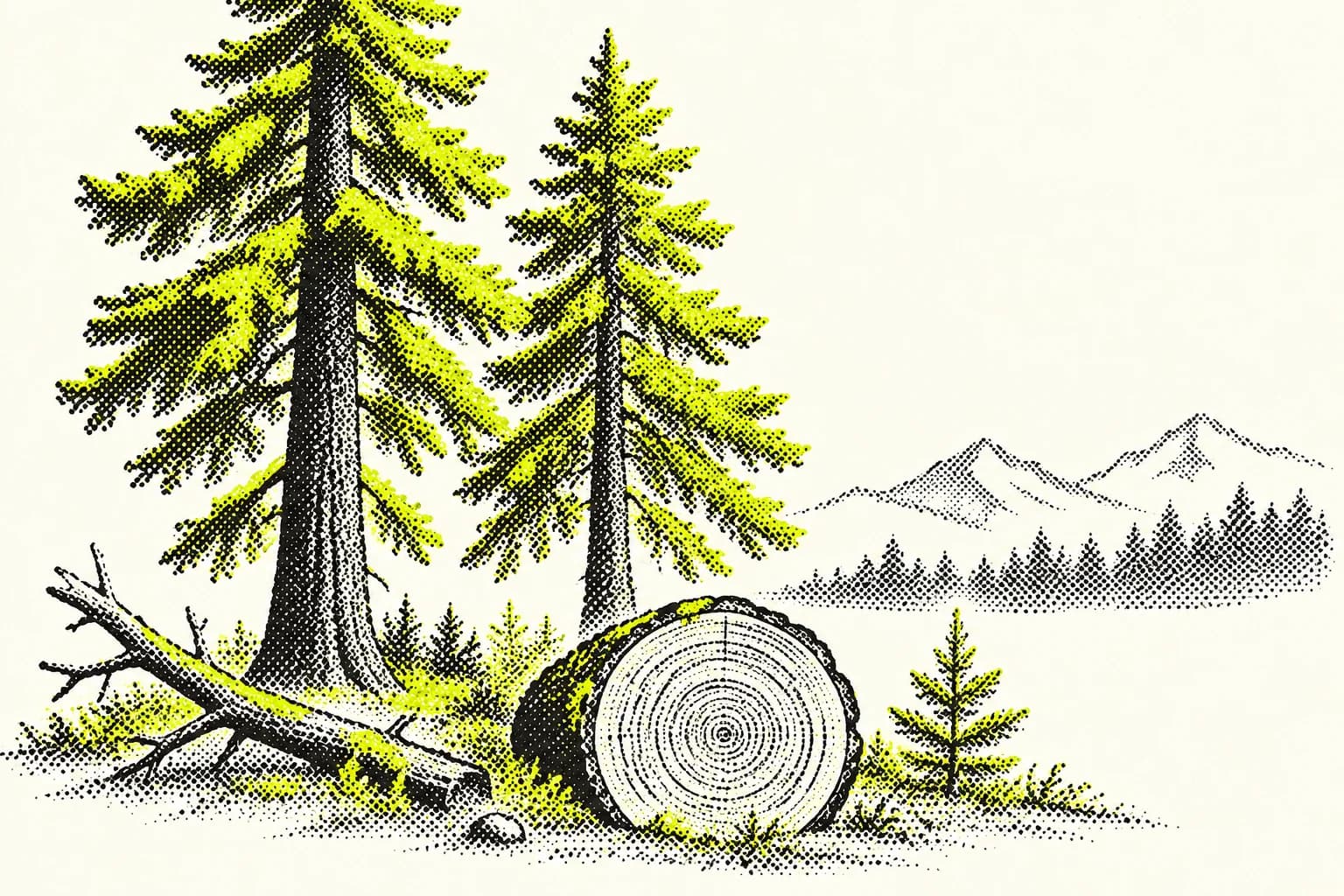 Mature lime conifers, a tree-ring cross-section, fallen wood and a seedling against an open ivory mountain sky, shaded with halftone dots.
