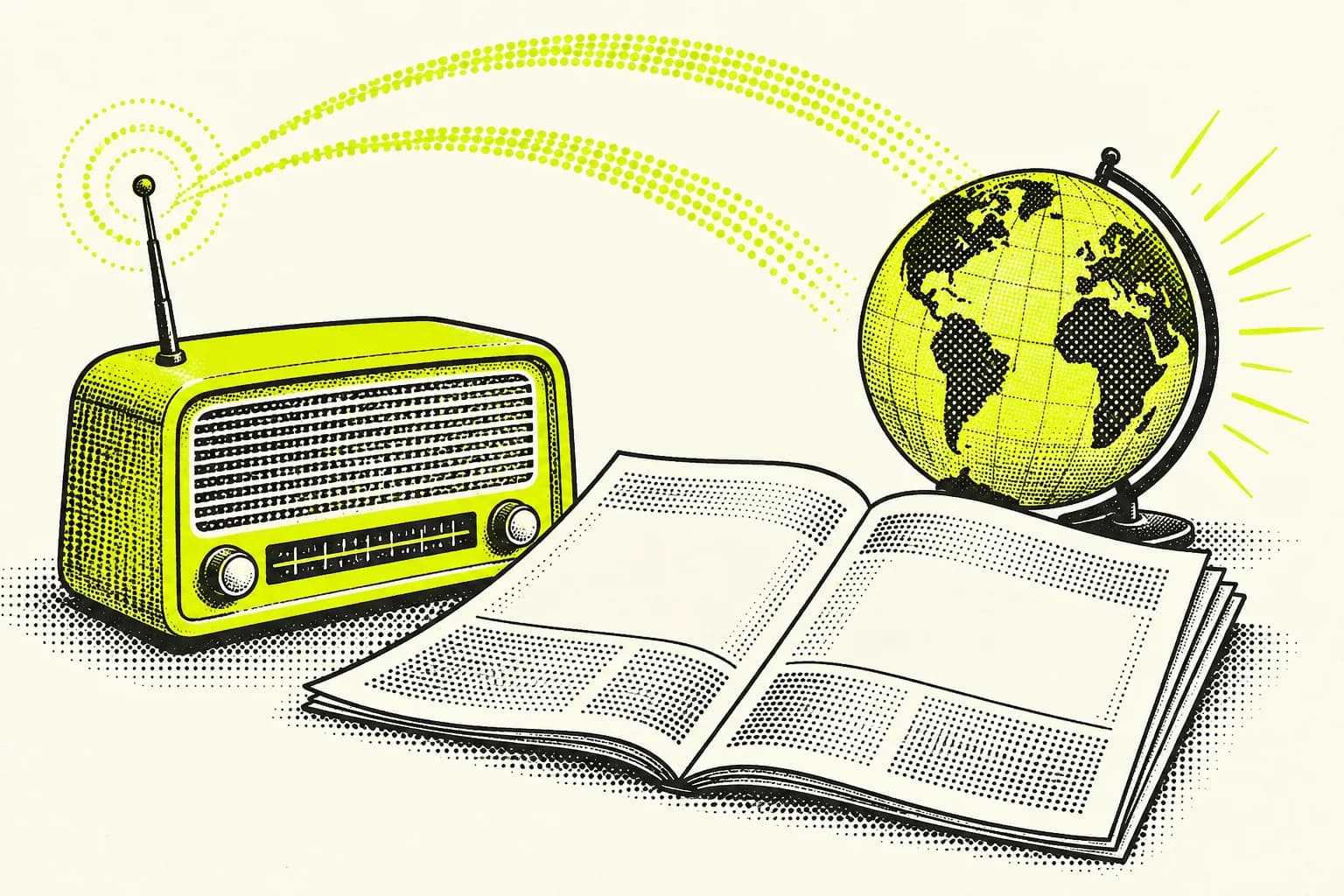 A lime vintage radio, open unlettered newspaper and small globe connected by dotted broadcast arcs on clean light ivory.