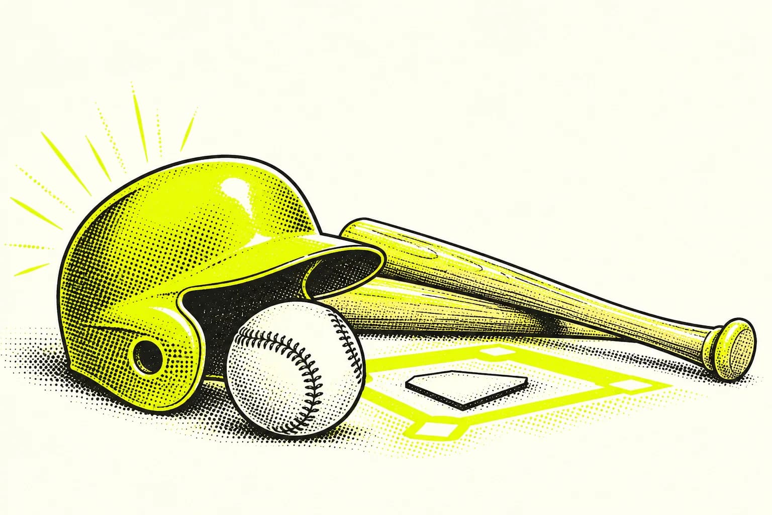 A lime baseball helmet, an ivory stitched ball and two simple bats beside an abstract diamond, shaded with round black halftone dots.