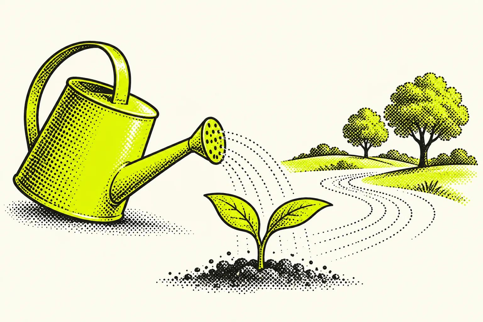 A lime watering can beside a seedling, flowing water and a small abstract landscape, rendered in crisp newspaper halftone on ivory.