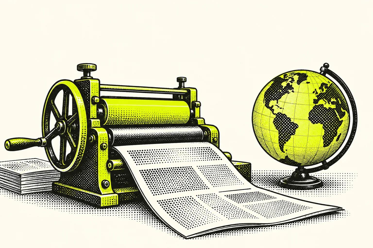 An ivory newspaper rolling from a lime tabletop printing press beside a small globe, with bold round ink dots and ample light space.