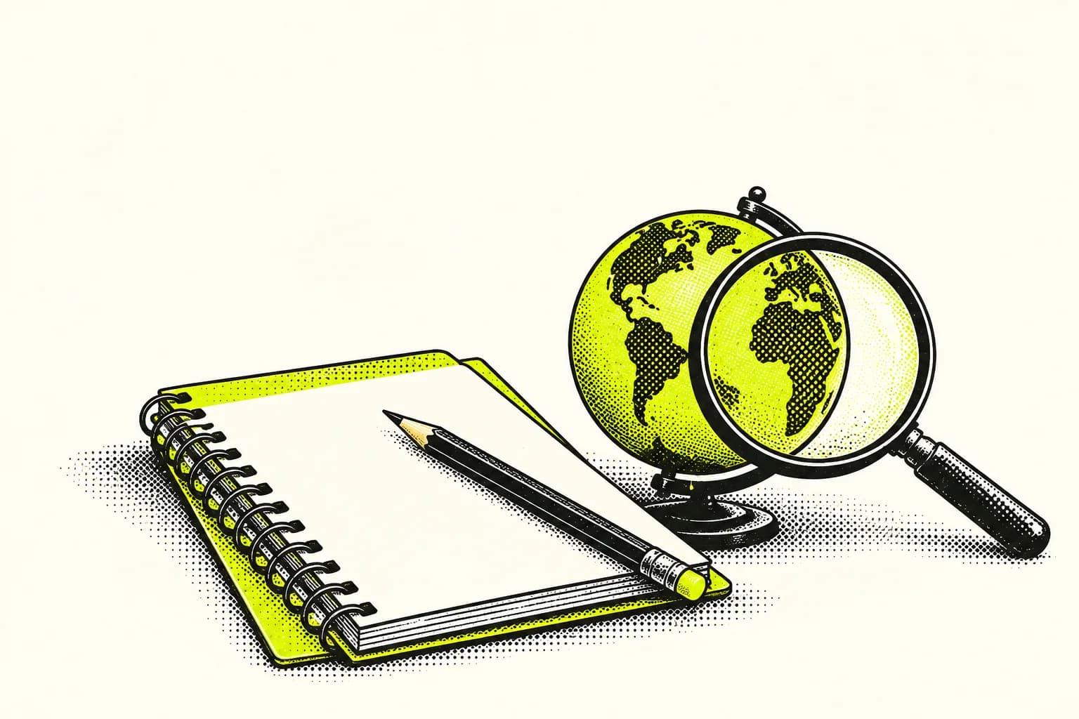 A lime reporter's notebook and pencil beside a small globe under a magnifying glass, in crisp round halftone on light ivory.